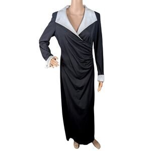 Vtg Cachet Deadstock NWT Black Maxi Dress 14P | Formal Satin Trim Faux Wrap